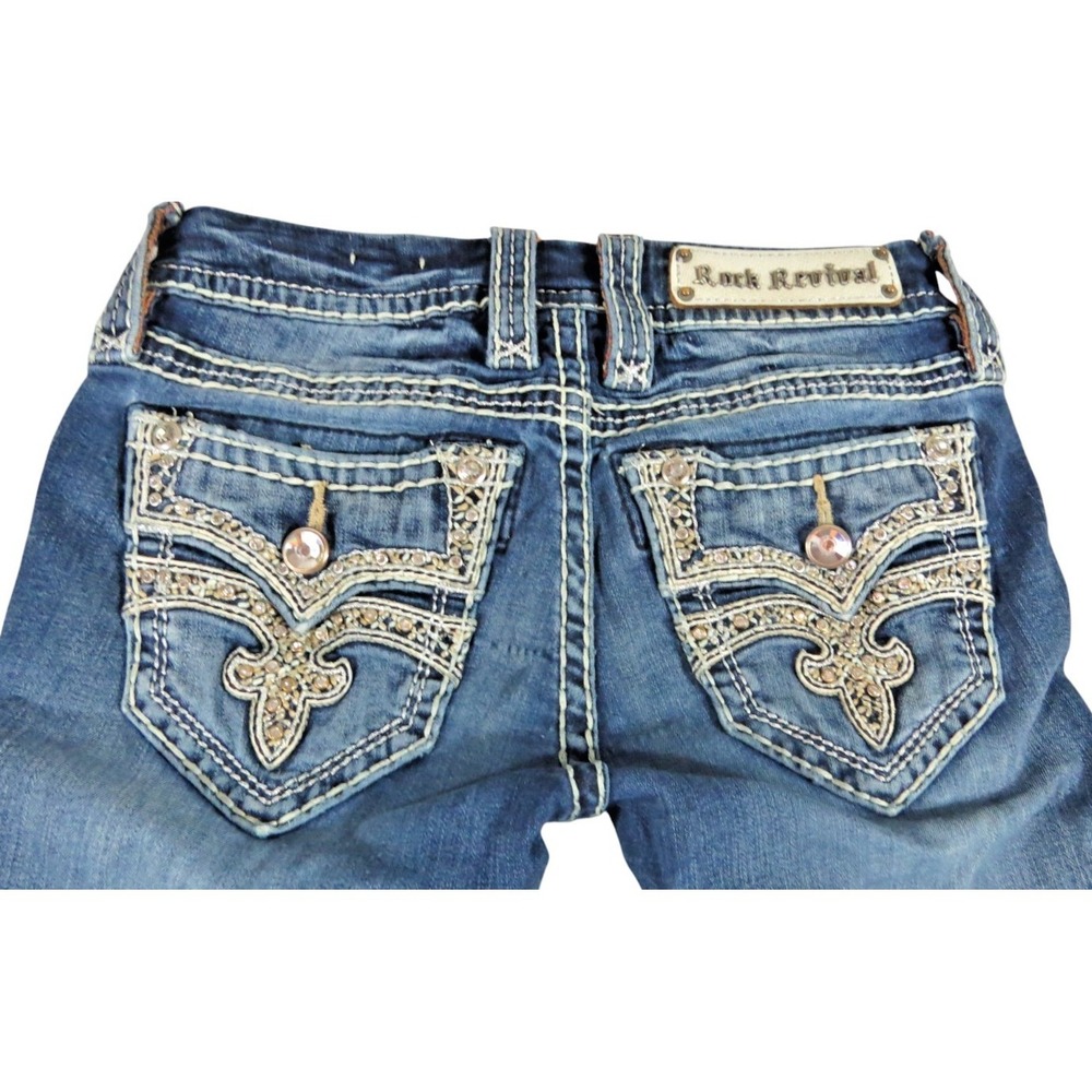 Rock Revival Zigia Boot Jeans‎ Women W24 L28 Blue Denim Rhinestone VTG Y2K Flap